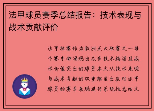 法甲球员赛季总结报告：技术表现与战术贡献评价
